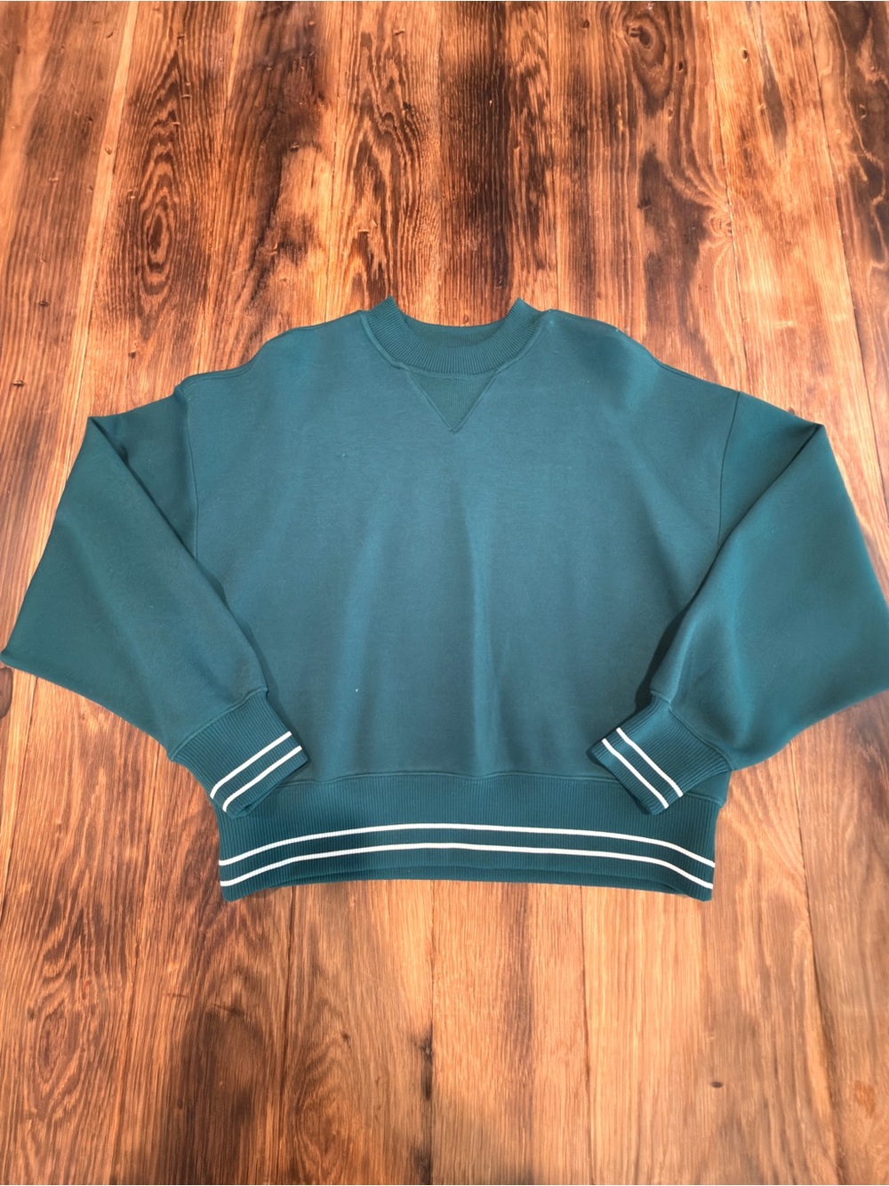 CALIA by Carrie Underwood Teal Crewneck Sweater with White Stripe Trim